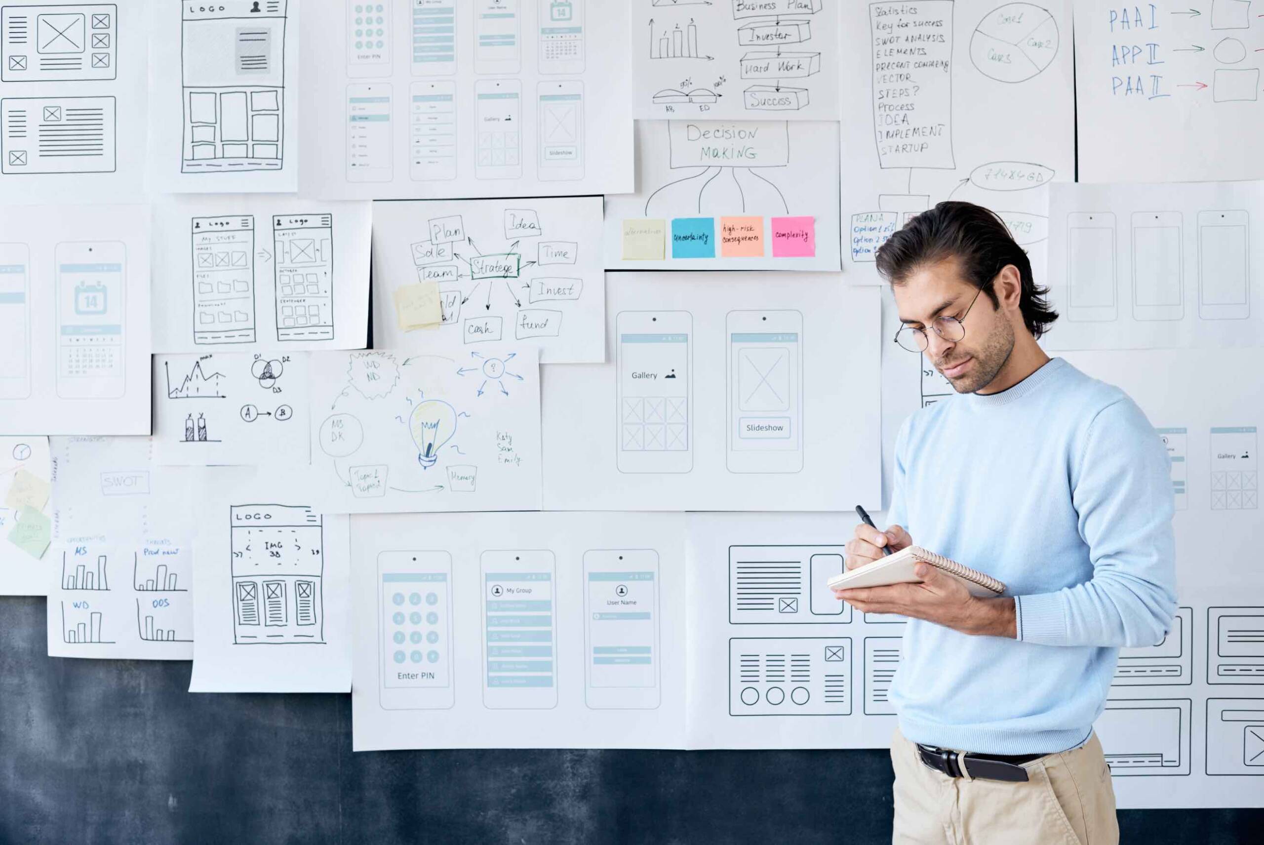 A designer in-front of a design board