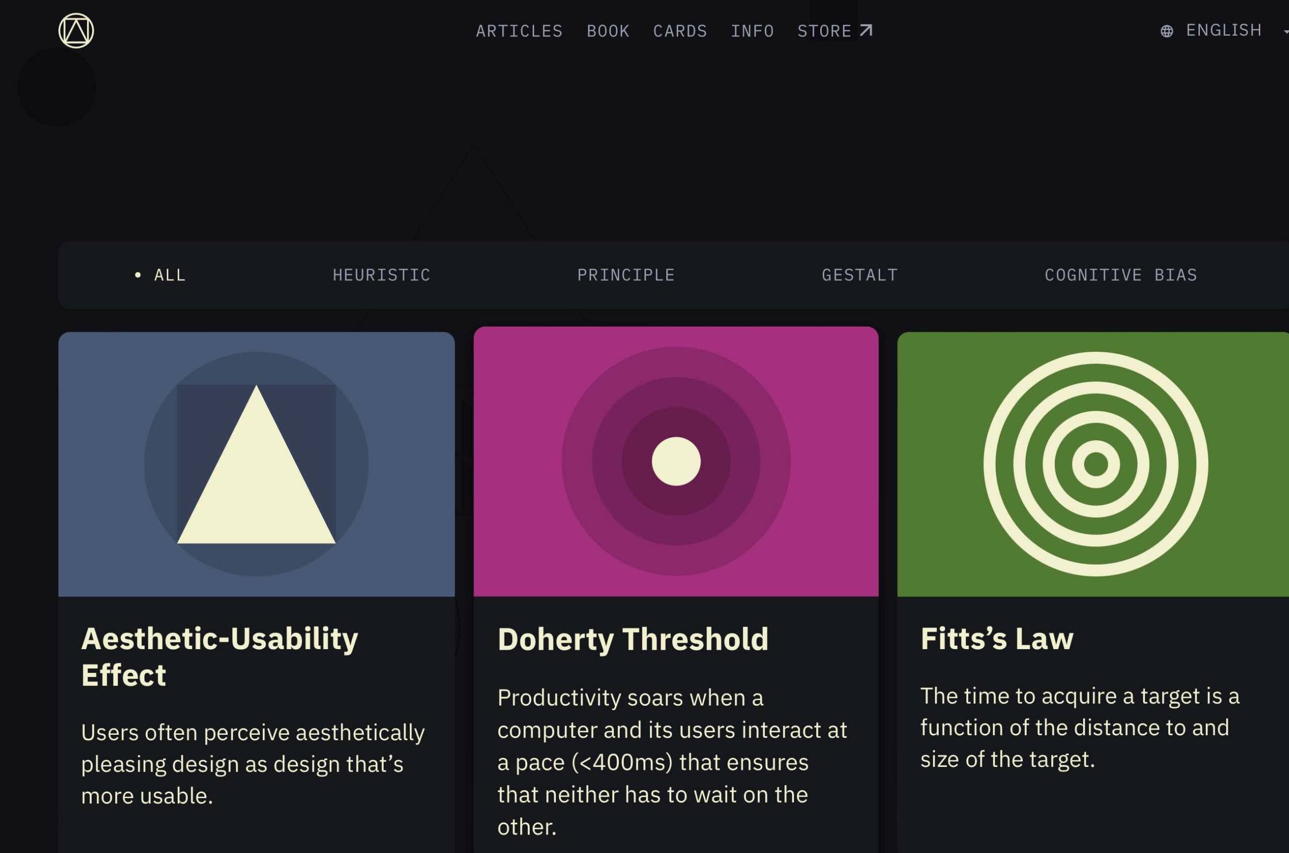A screen displaying various UX Design laws