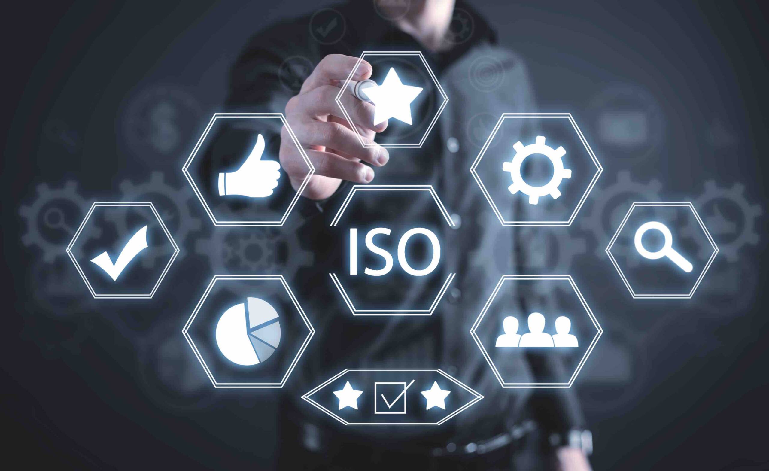 A person pointing fingers to virtual screen displaying ISO banner