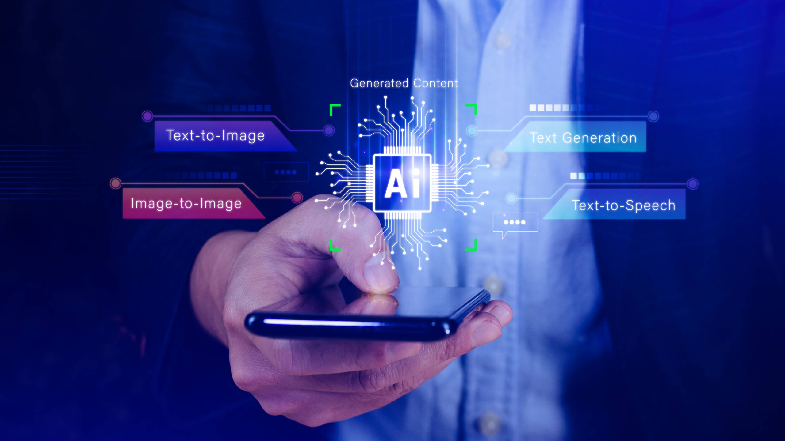 Man tapping on phone screen and AI word with its features and illustrations floating in air