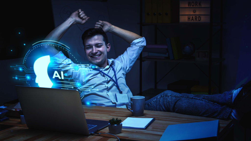 A happy professional looking at a laptop with virtual display of AI