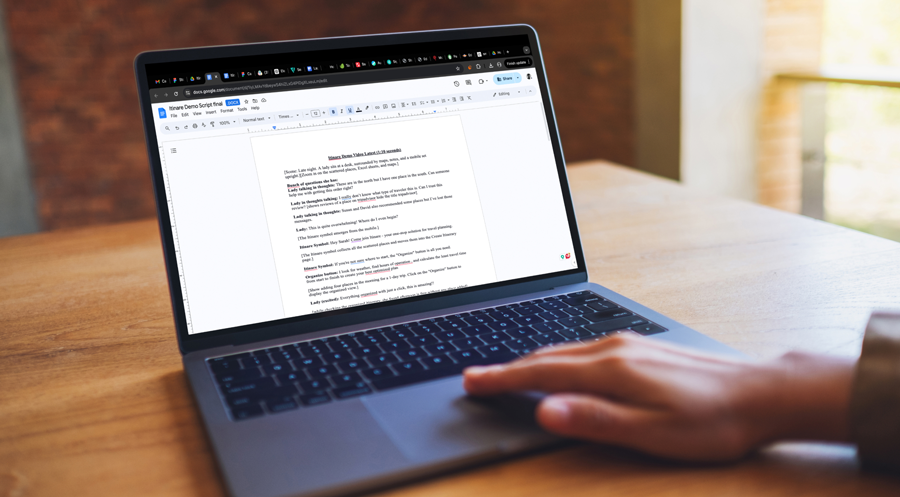 Itinare video script on laptop screen