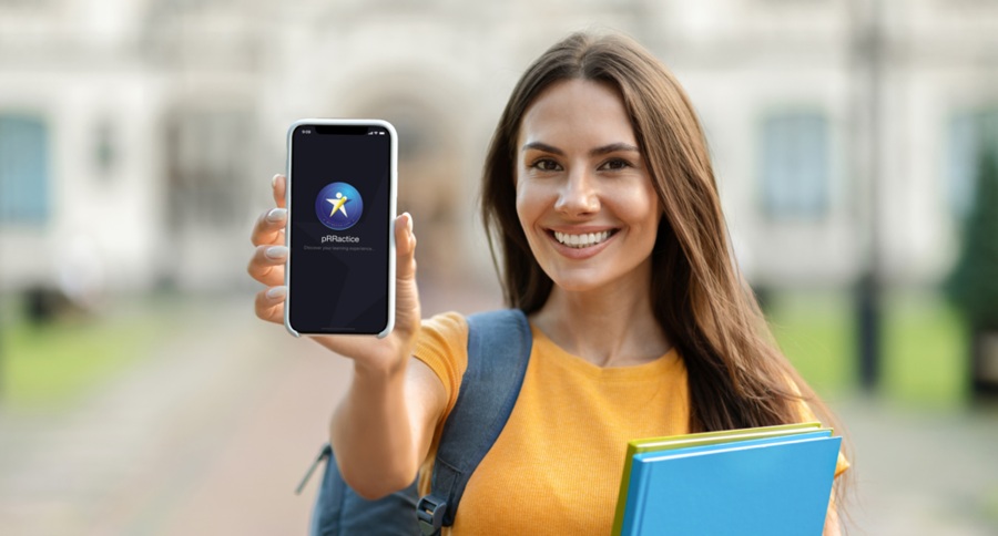 Smiling college girl showing pRRactice app screen on phone