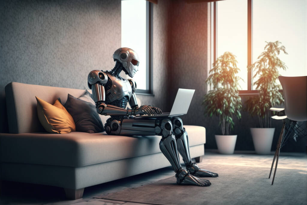 A robot on sofa using a laptop