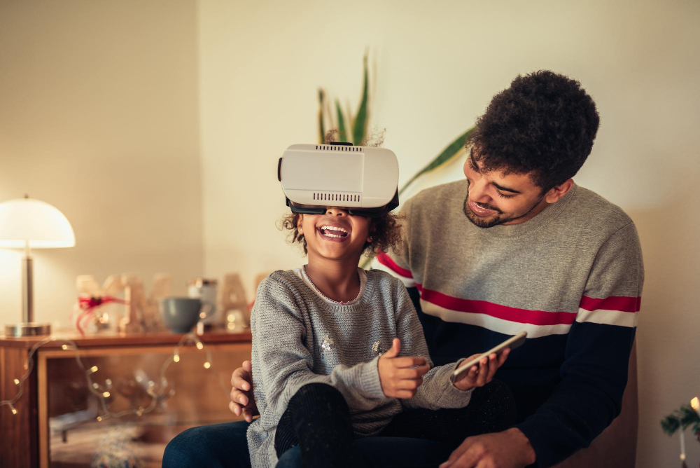 Adorable young girl enjoying a VR experience