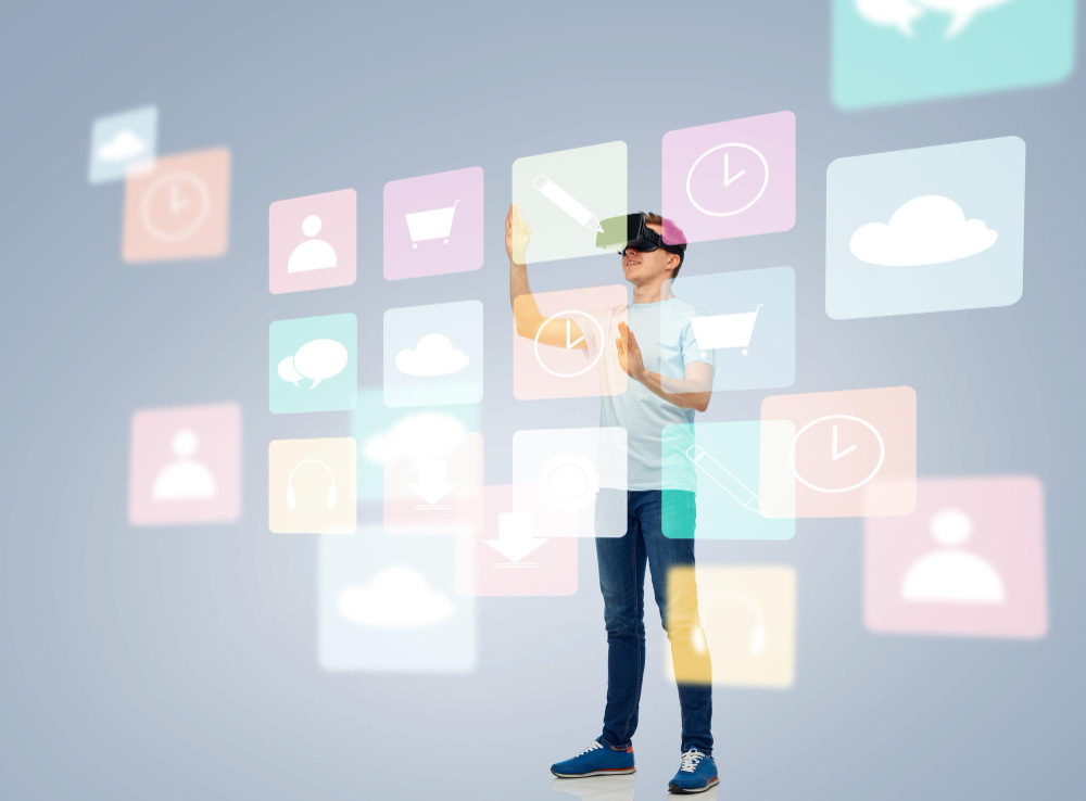 Man wearing a VR headset interacting with floating digital interface icons.