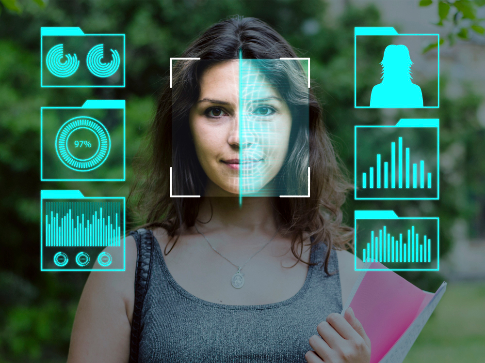 Young woman holding books outdoors, overlaid with a futuristic facial recognition interface displaying biometric data and analytics.