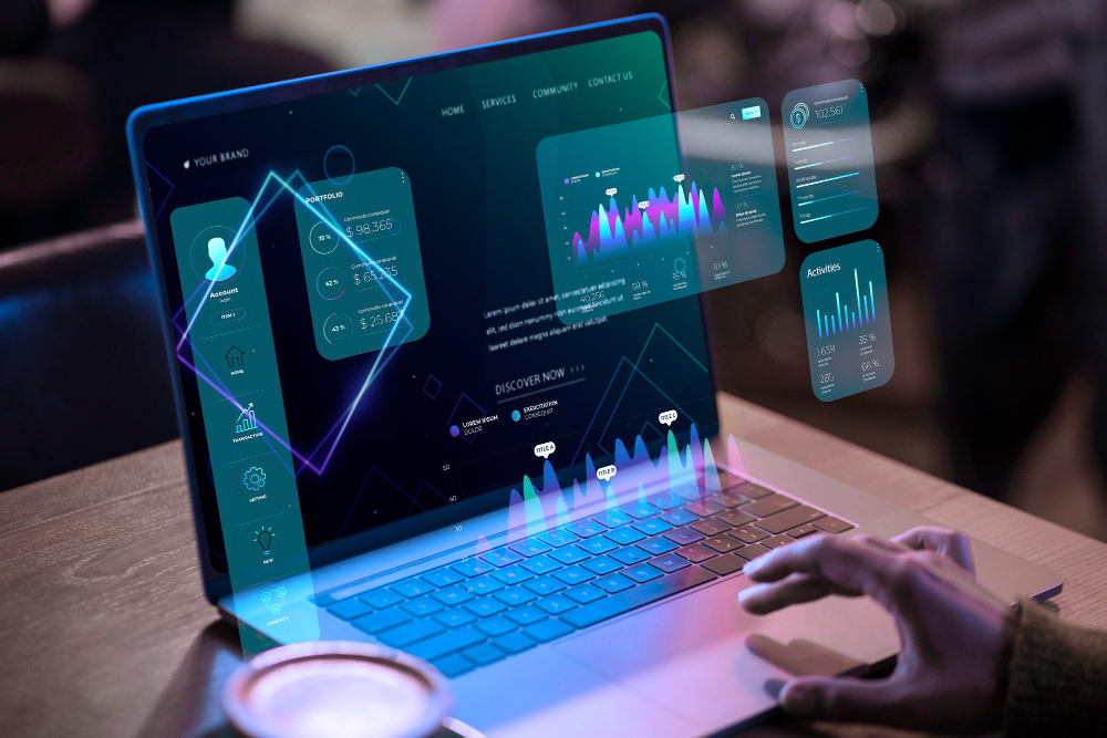 Futuristic laptop interface with holographic data visualizations, user dashboard, and analytics, displaying an advanced digital experience.