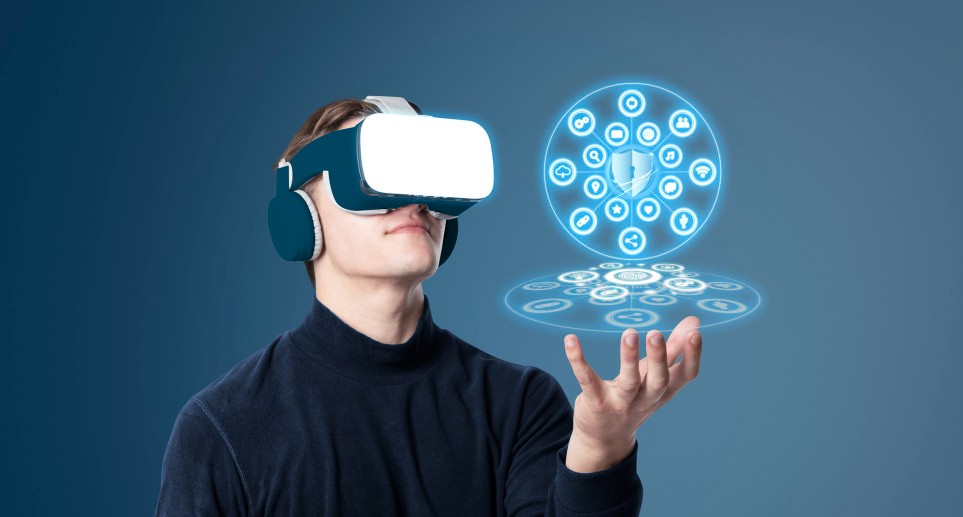 A man checking the system security and the features through VR gadget.