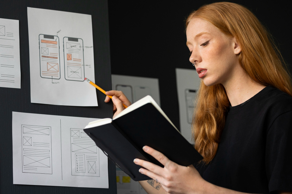 A female UX designer looking at a diary