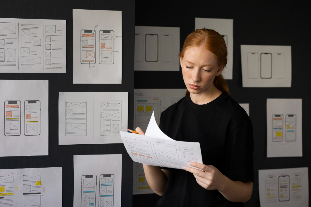 Woman working on web design at her desk in a modern office