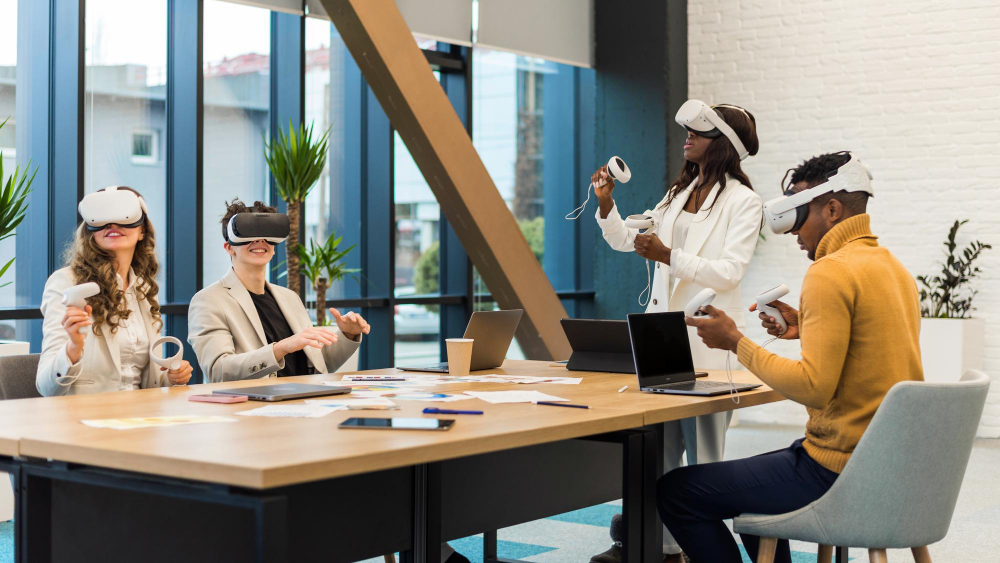 Virtual reality business conference in an office.