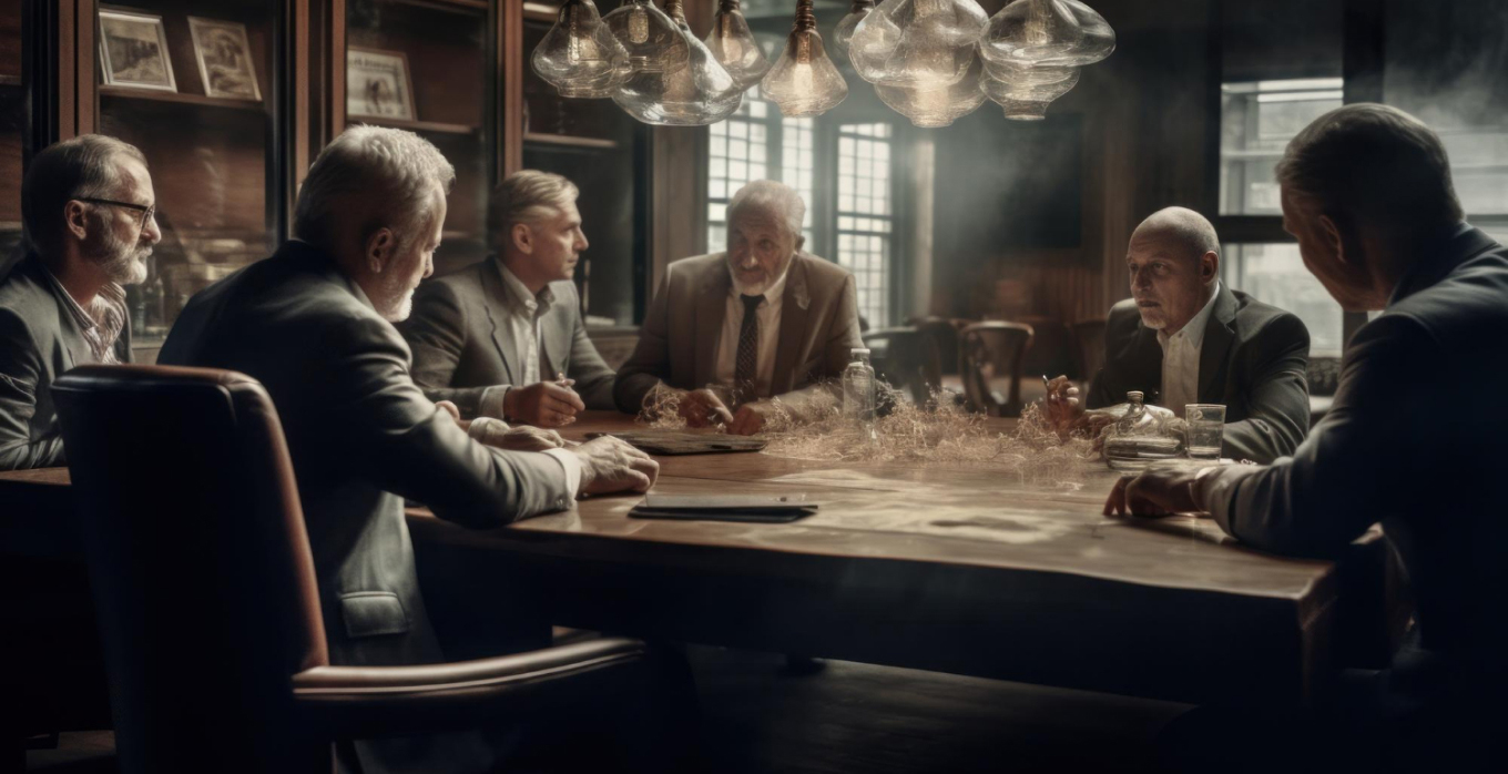 Group of old people sitting on desk discussing