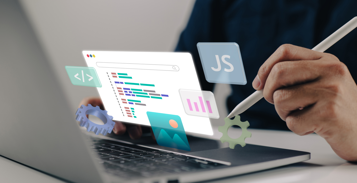 Someone working on laptop with coding screen and icon floating in air