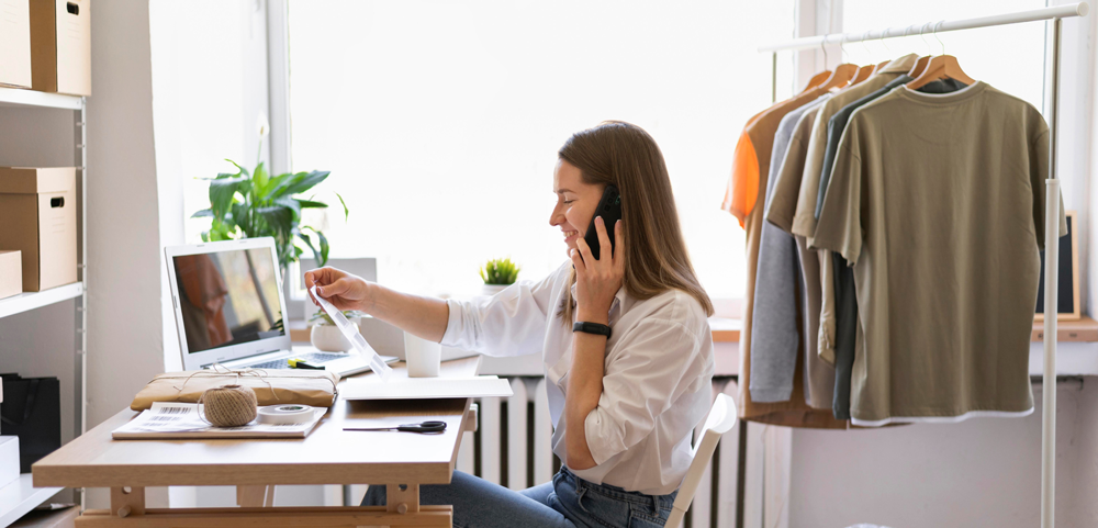 A white lady sitting and talking on mobile and laughing while working