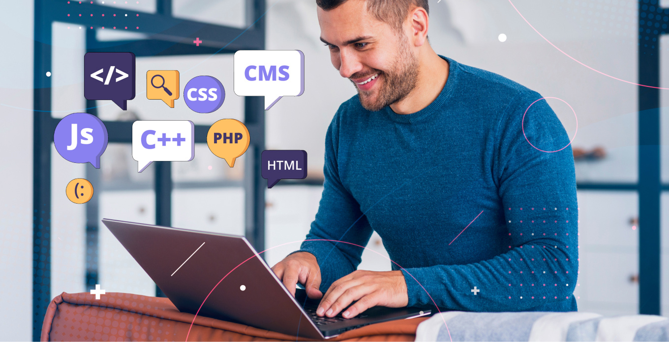 Smiling Man working on laptop with coding icon floating in air